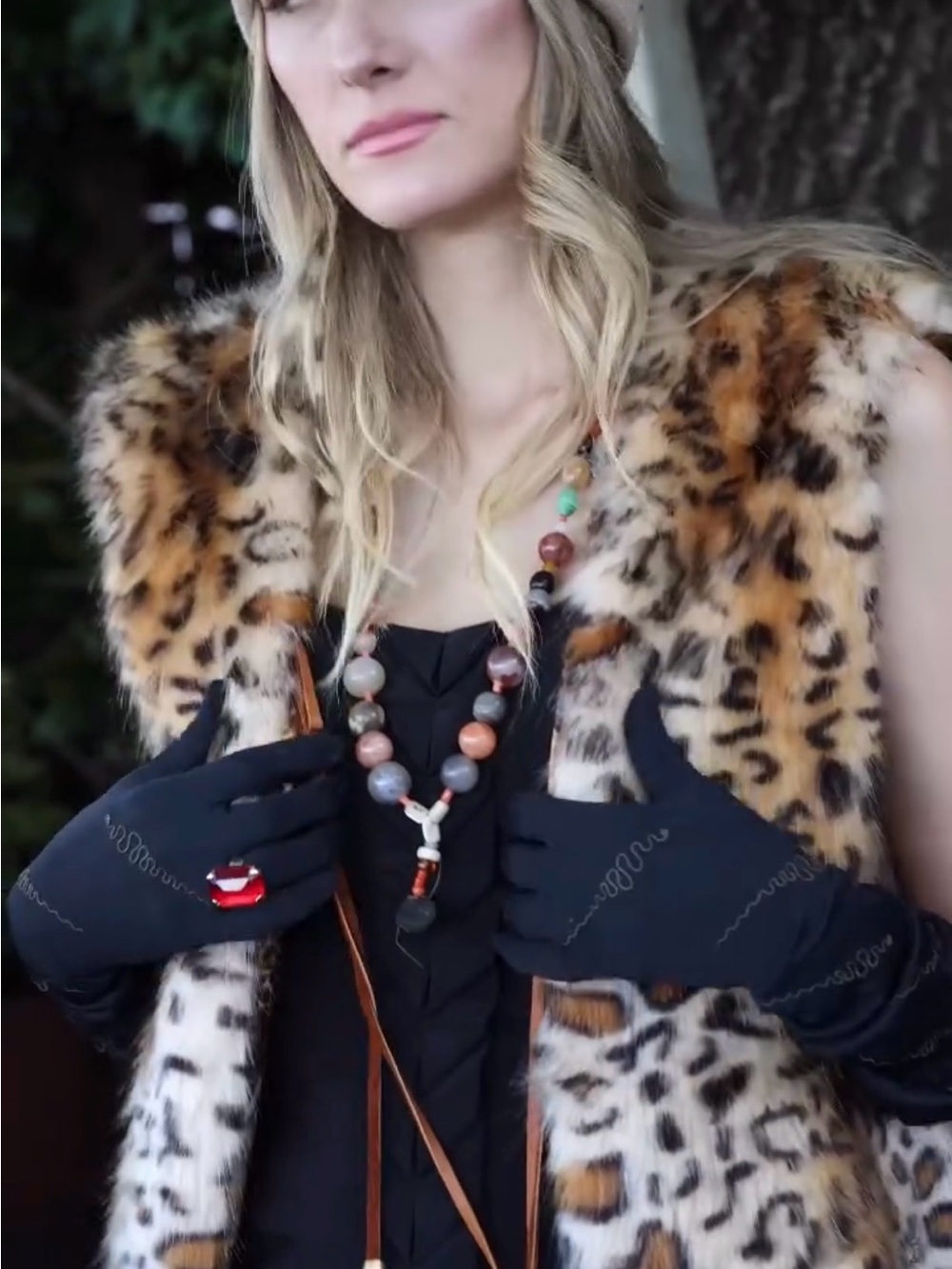 Bohemian Unisex Faux Fur Leopard Print Vest with Turquoise and Bone Bead Accents